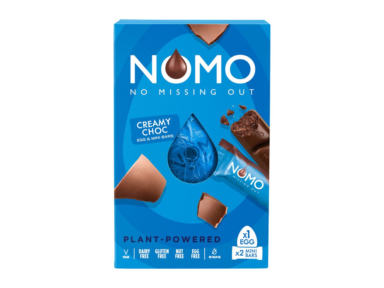 Creamy chocolate egg and mini bars, plant-powered, vegan, dairy, gluten, nut, egg, and palm oil free.