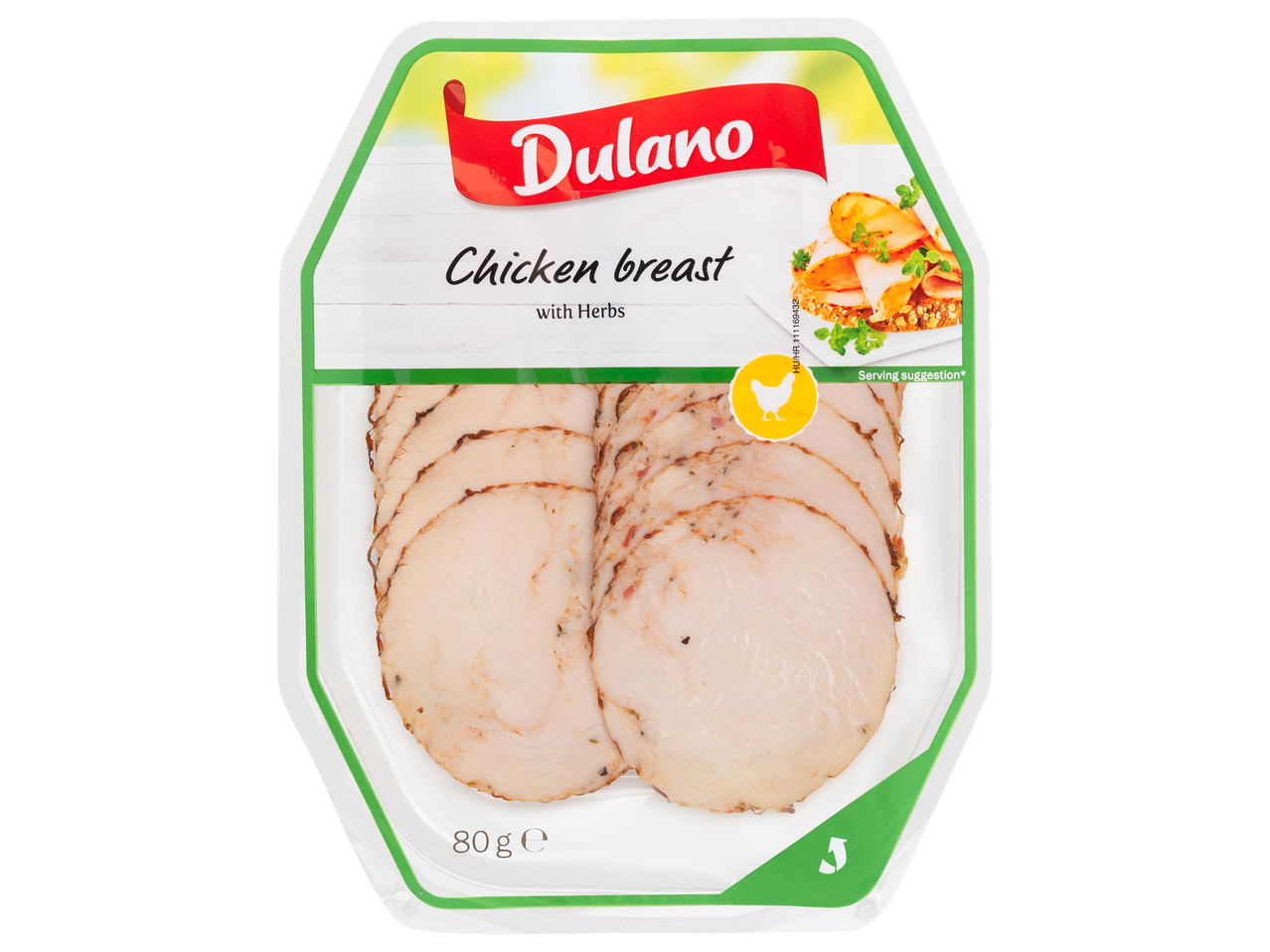 Szeletelt csirkemell filé fűszerekkel, 80g-os kiszerelésben, tálalási javaslattal.