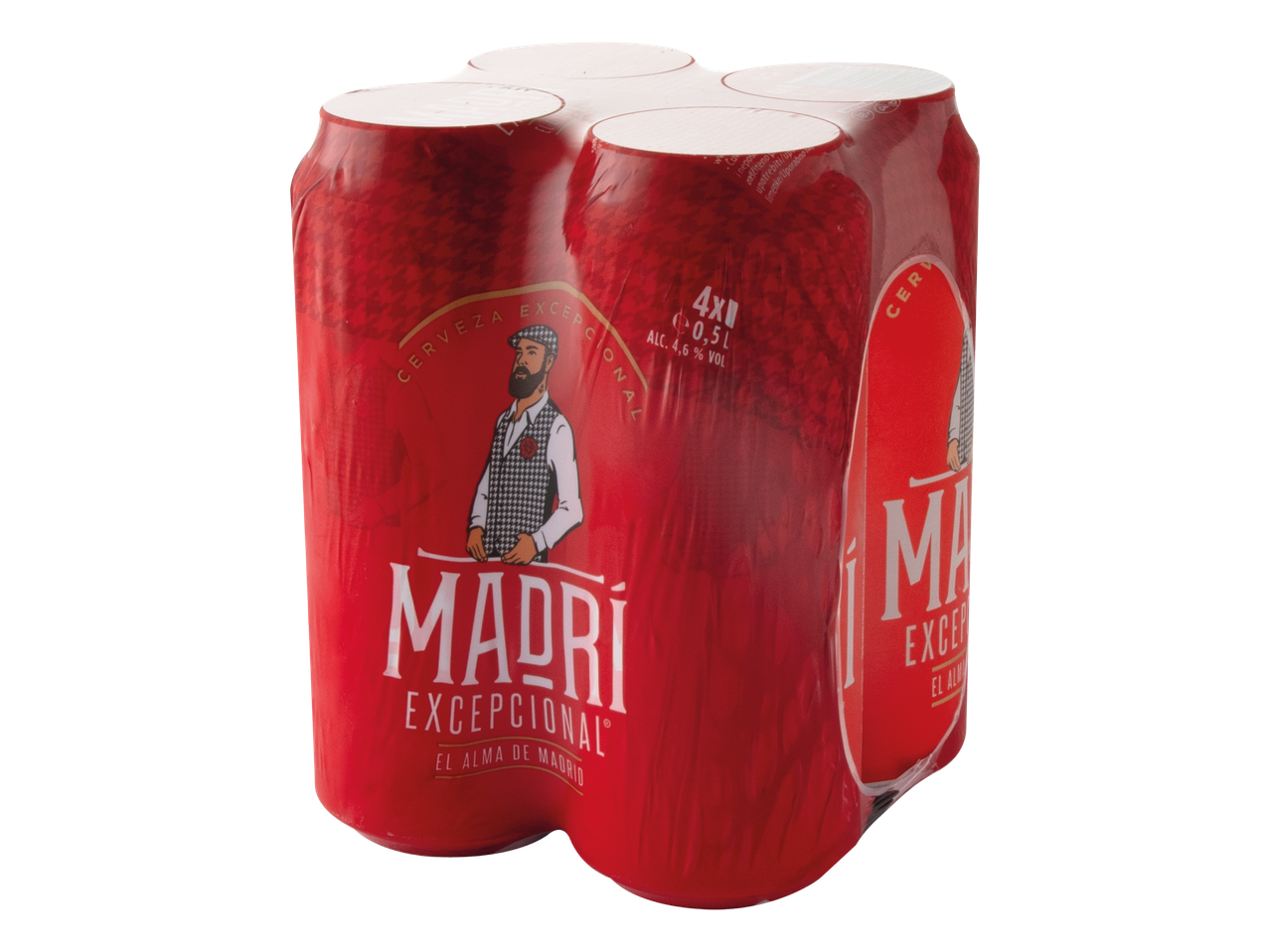 Pakiranje od četiri limenke piva od 0,5 L s 4,6% alkohola, crvene boje s ilustracijom bradatog muškarca.