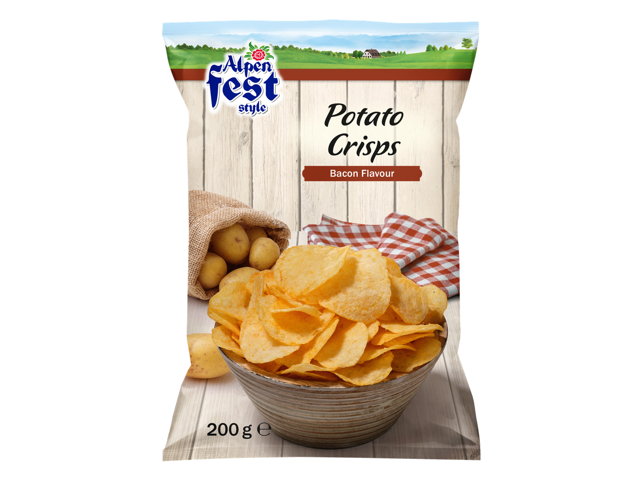 Alpenfest Potato Crisps, Bacon Flavour, 200g, with potatoes and a checkered napkin.
