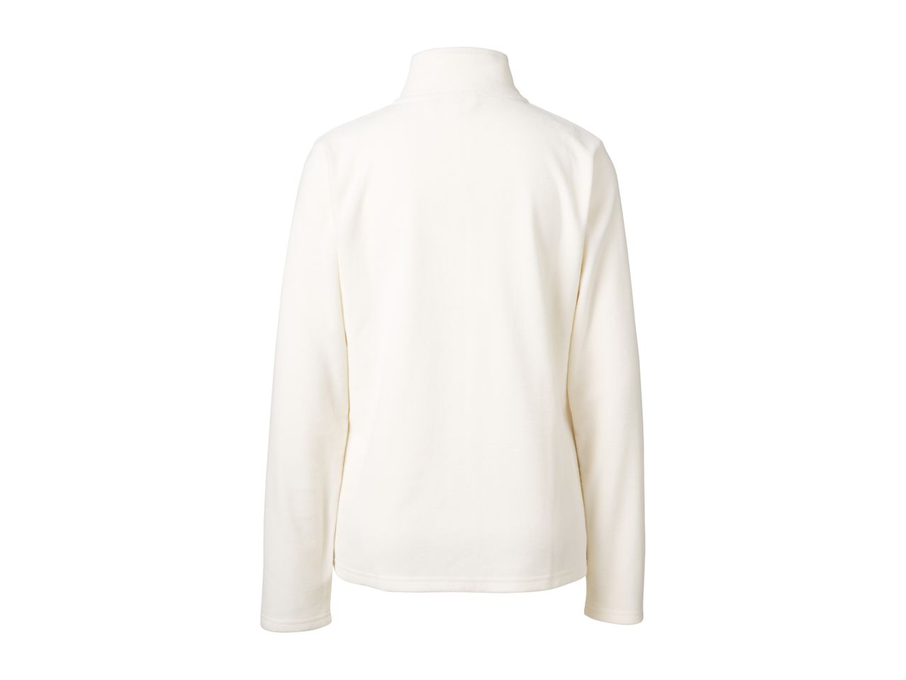 Back view of a women's cream-colored fleece jacket with a high collar.