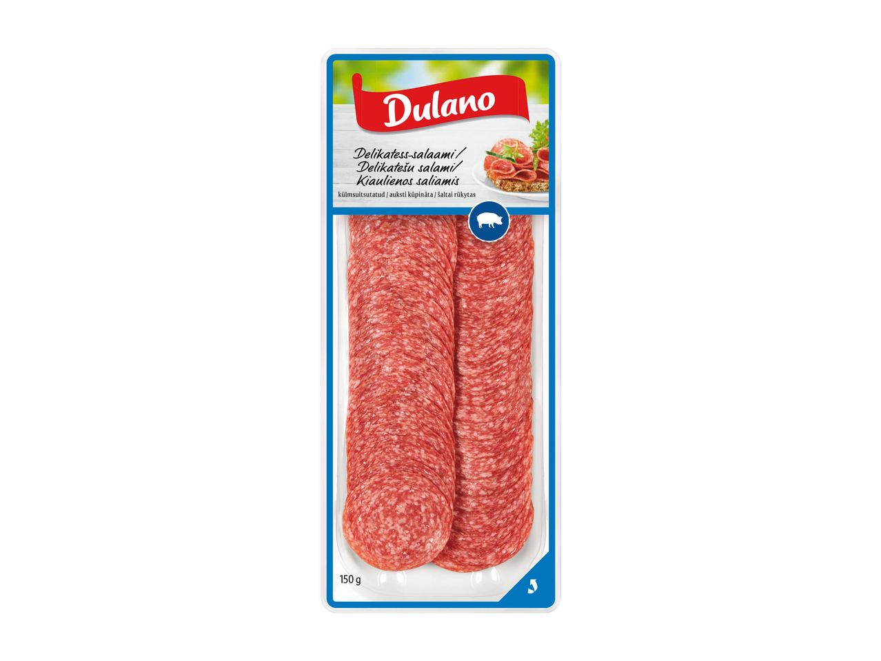 Dulano delikatess-salaami, viilutatud sealihavorst pakendis.