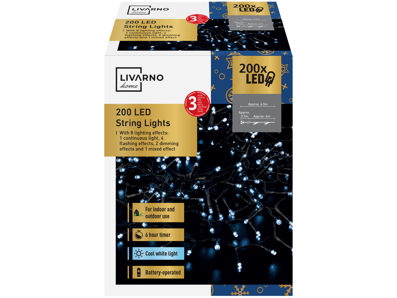Livarno Home 200 LED lempučių girlianda su 8 efektais, laikmačiu ir baterijomis.