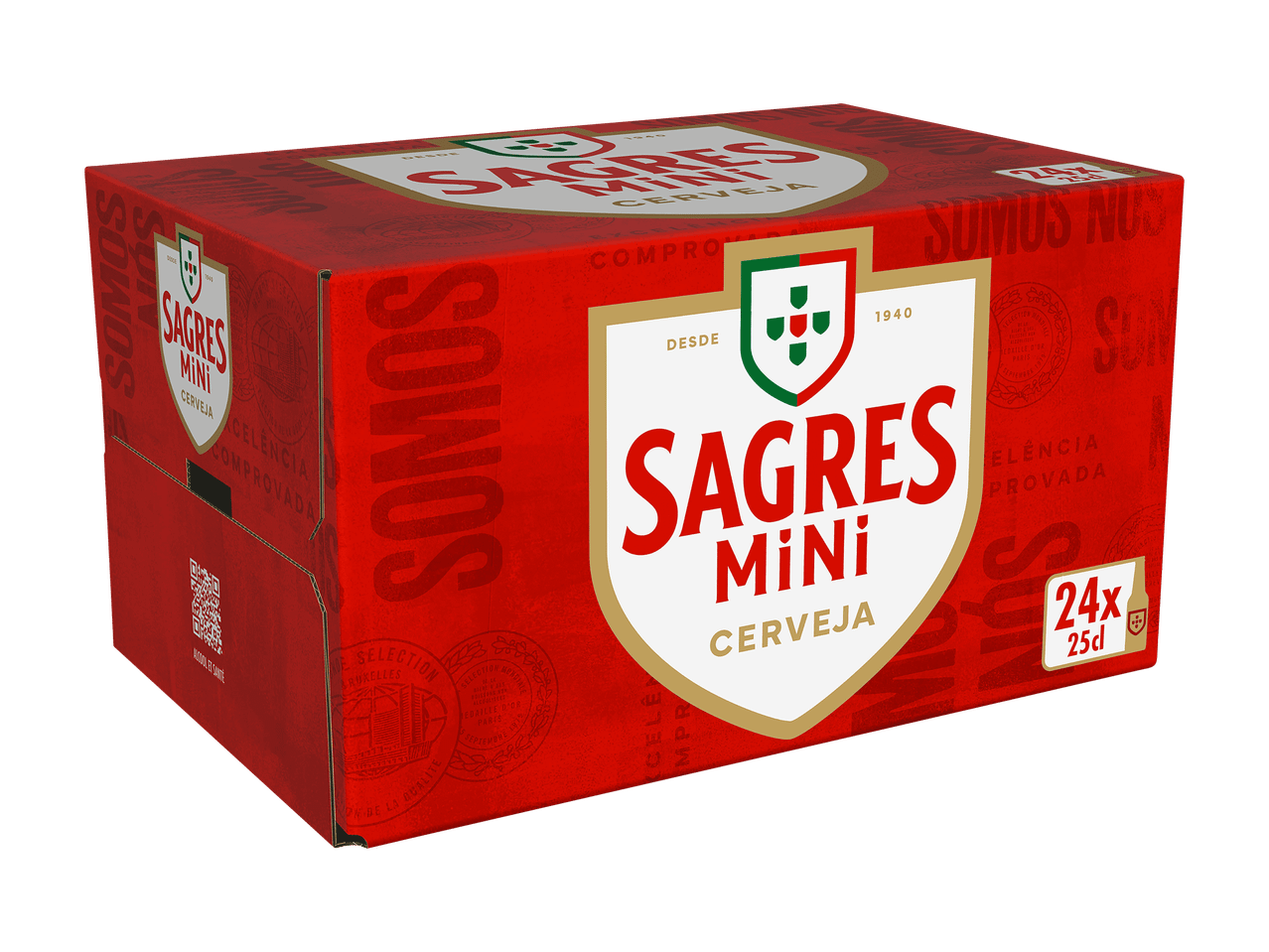 Packung mit 24 Flaschen hellem Bier à 25cl, mit roter und weißer Schrift.