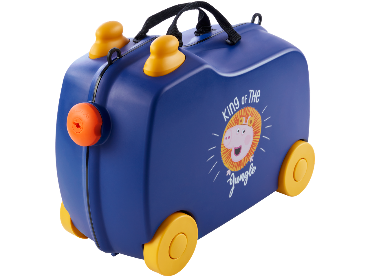 Blue kids' ride-on suitcase with yellow wheels and a lion graphic saying 'King of the Jungle'
