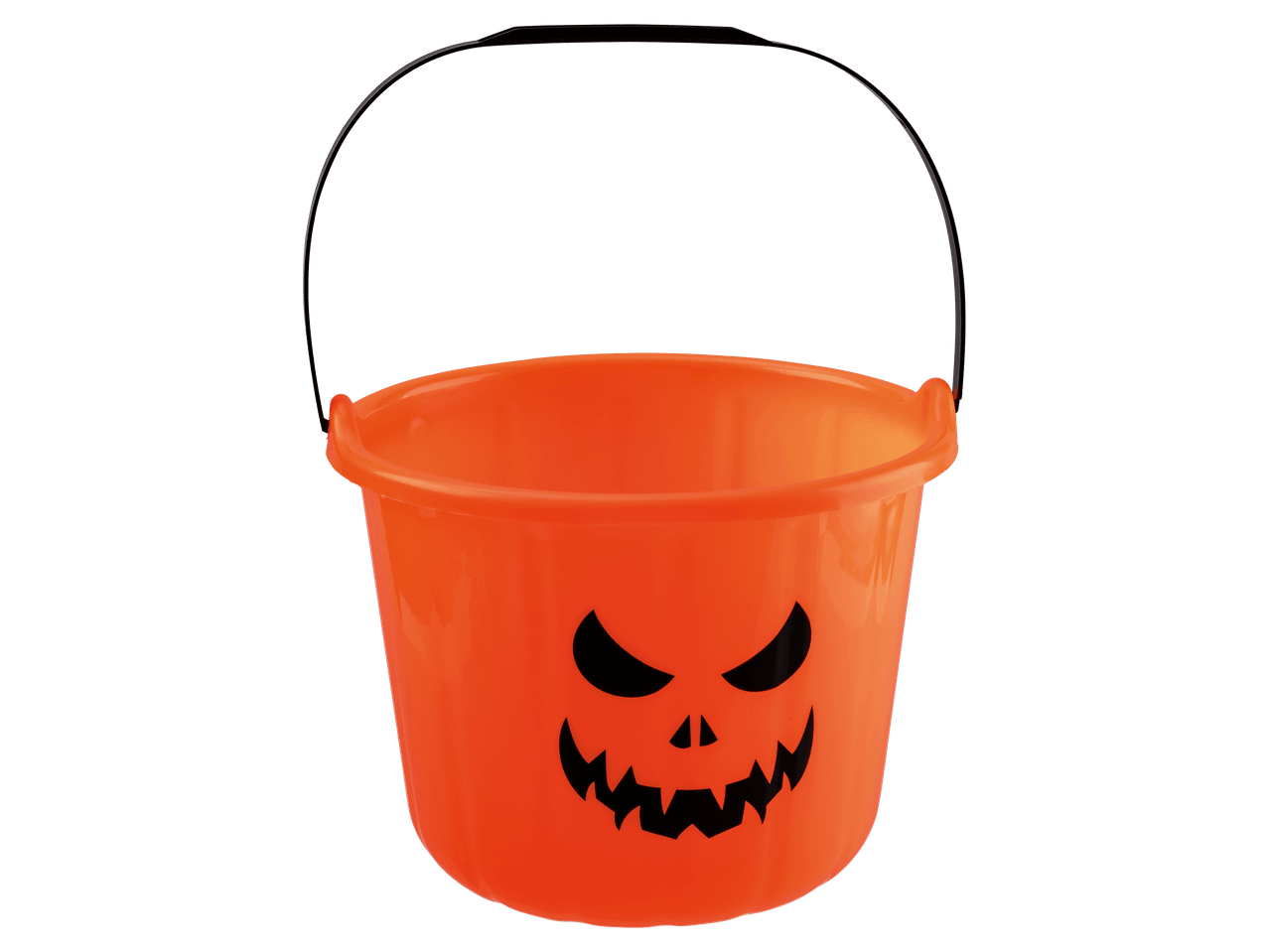 Narancssárga, ijesztő tökmintás műanyag halloweeni vödör fekete füllel.