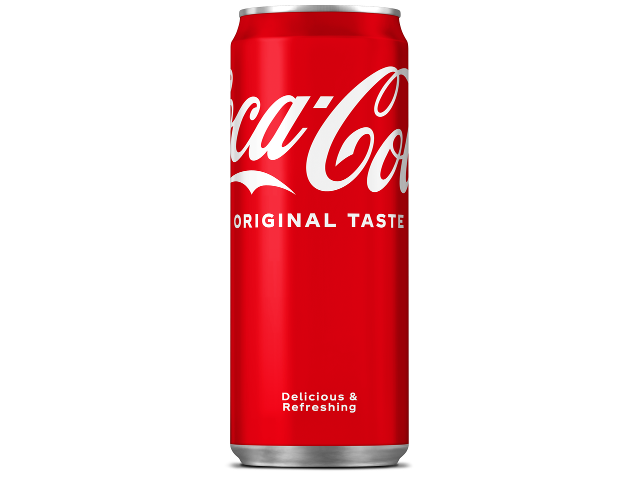 Een rode Coca-Cola blikje met de tekst 'Original Taste' en 'Delicious & Refreshing'.