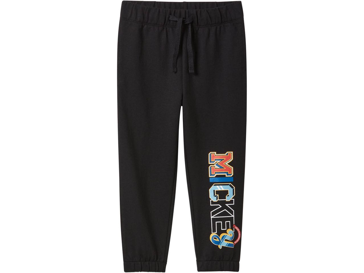 Black Mickey Mouse sweatpants with a colorful 