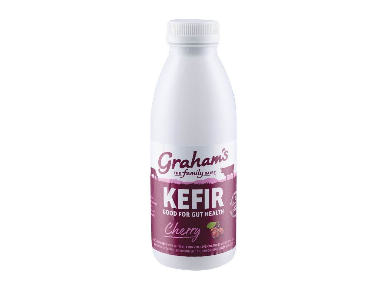 White bottle of cherry kefir drink, good for gut health.