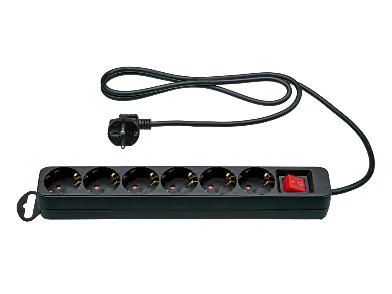 Crna produžna letva sa šest utičnica i crvenim prekidačem za uključivanje/isključivanje, s namotanim kabelom i utikačem.