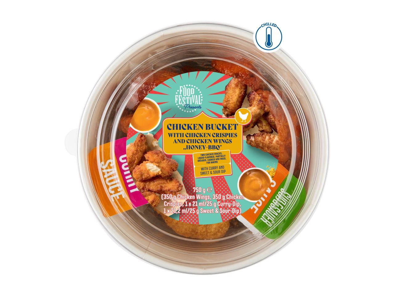 Chilled chicken bucket with honey-BBQ chicken crispies and wings, served with curry and sweet & sour dips.