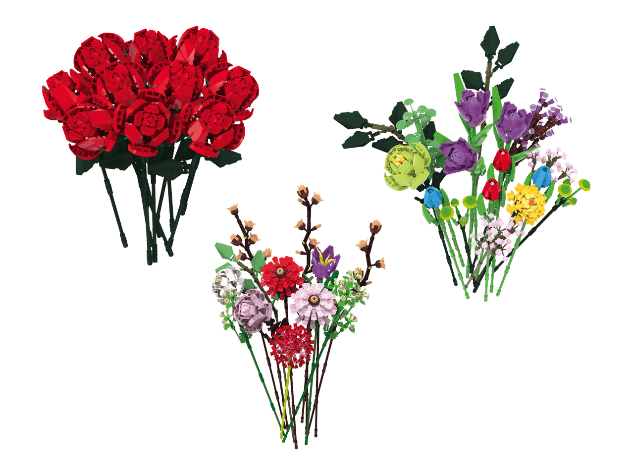 Kolme kimppua Lego-kukkia: punaisia ruusuja, monivärisiä kukkia ja vaaleanpunaisia kukkia.