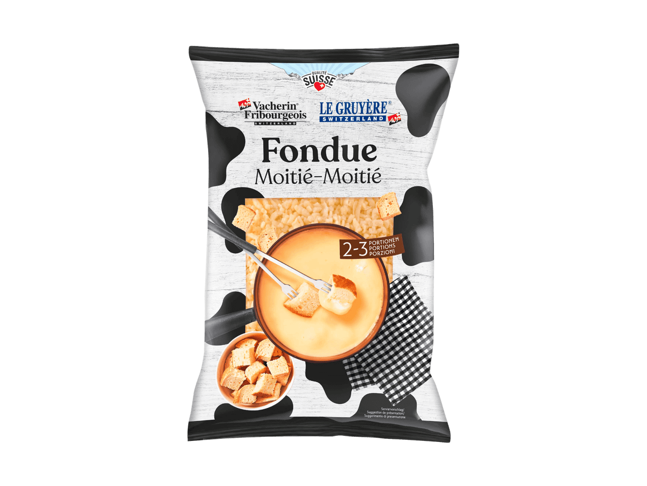 Packung Schweizer Fondue Moitié-Moitié, mit fertigem Fondue und Croutons.