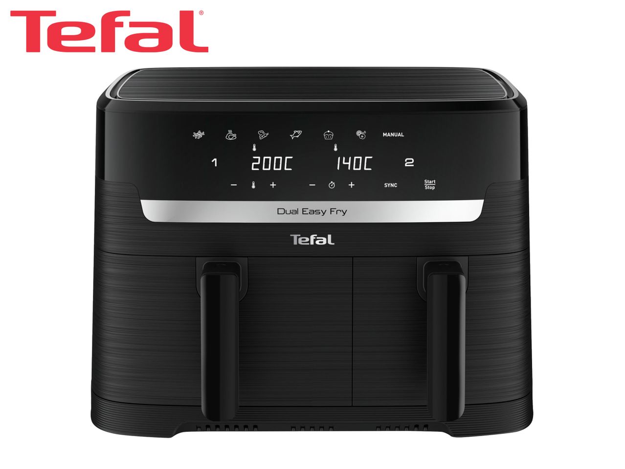 Black dual air fryer with digital display showing 200C and 140C temperatures, and cooking icons.