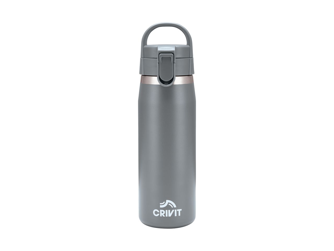 Grey insulated water bottle with a flip-top lid and handle