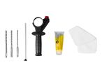 Drill bit set with handle, grease, and cleaning cloth for power tools.