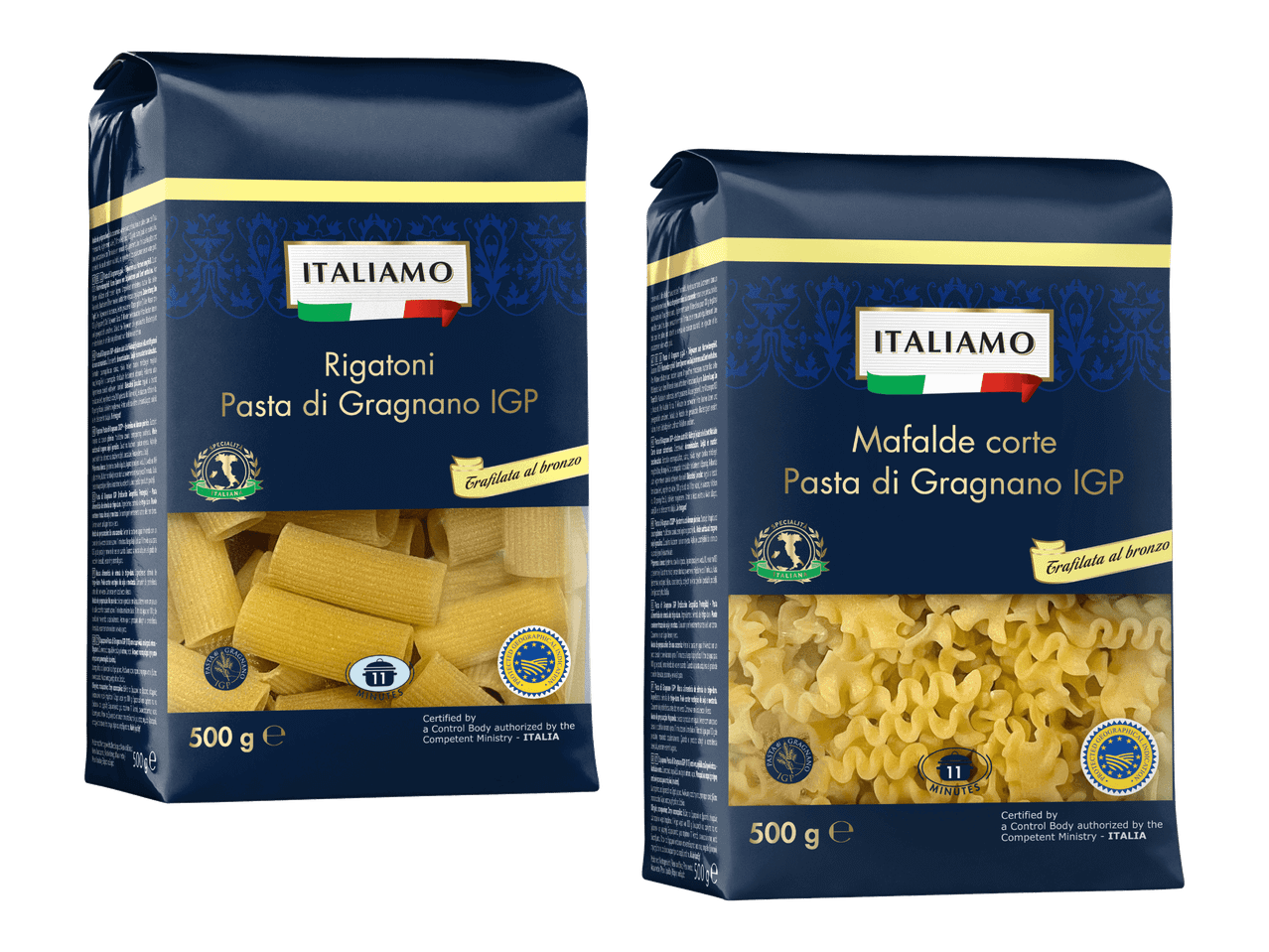 Kaksi pakkausta Italiamo-pastaa: Rigatoni ja Mafalde corte.