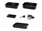 Set of black rectangular cooking trays, a measuring spoon, and a metal basket.