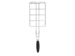 Grelha de metal para churrasco com cabo preto.