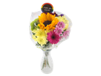 A vibrant bouquet of sunflowers, chrysanthemums, and gerbera daisies with a 'Thank you teacher' tag.