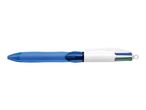 Blue and white multi-color ballpoint pen with a textured grip and four ink colors.