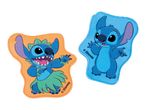 Two blue alien character bath sponges, one orange with a grass skirt, one light blue.