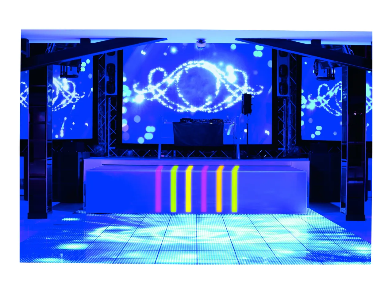 DJ booth with a light-up dance floor and large screens displaying blue light patterns.