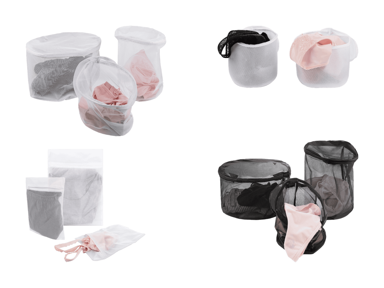 Ensemble de sacs à linge en maille blancs et noirs de différentes formes et tailles.