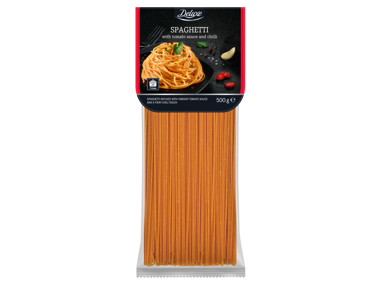 Spaghete Deluxe aromatizate cu sos de roșii și ardei iute, ambalaj de 500g.