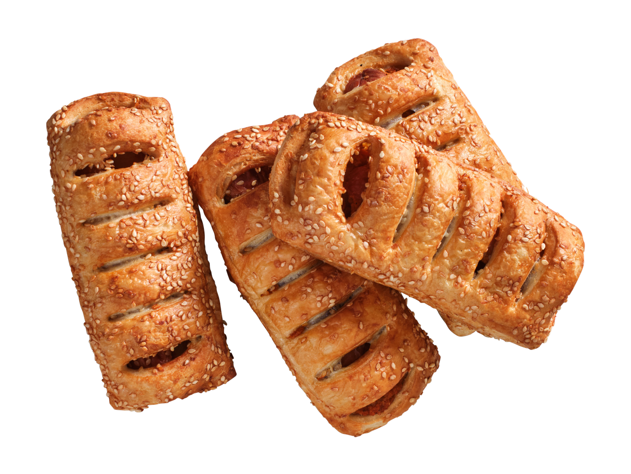 Neli kuldset seesamiseemnetega kaetud vorstirulli mustal taustal.