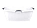 White laundry basket with black handles and a perforated design.