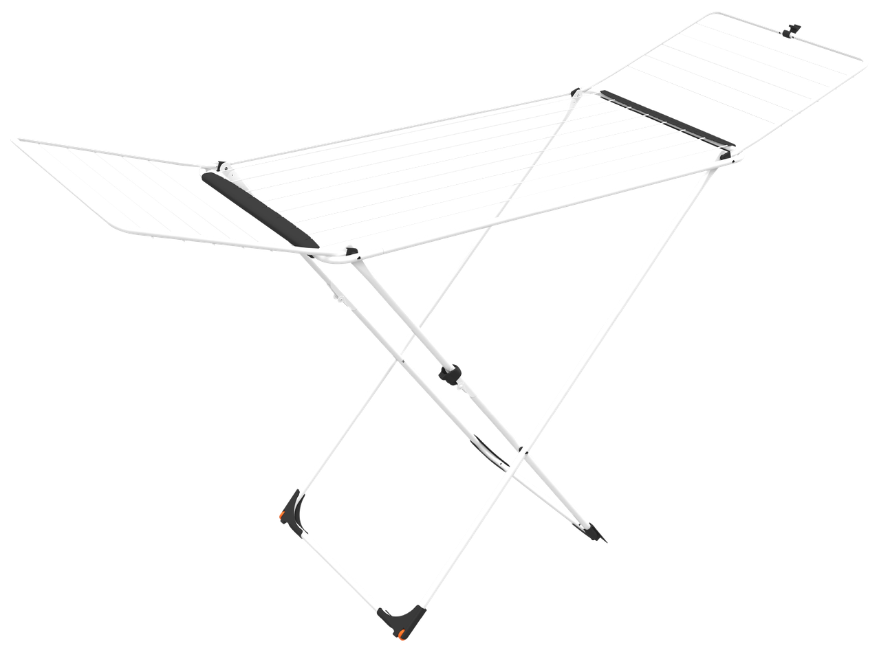 Сушилник за дрехи с разгъващи се крила, бял с черни и оранжеви акценти.