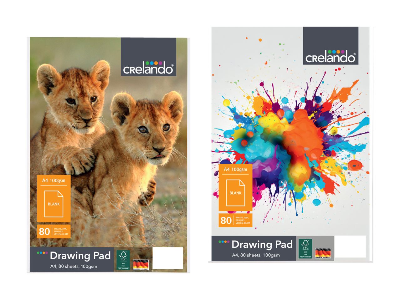 To Creative Kids tegneblokke med henholdsvis løveunger og farvesplash-design.