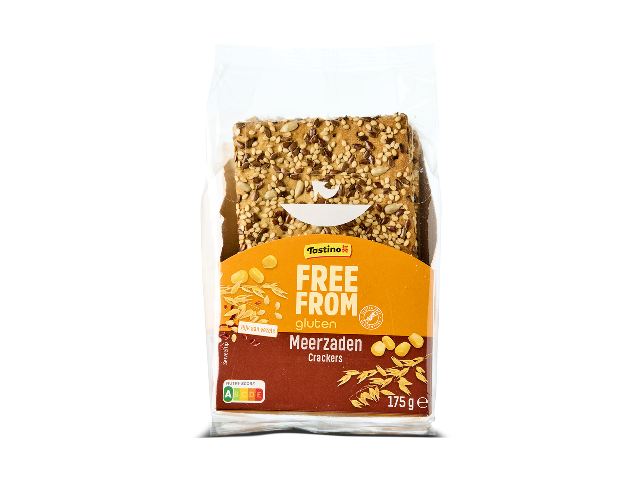 Glutenvrije meerzaden crackers met Nutri-Score A, rijk aan vezels, 175g.