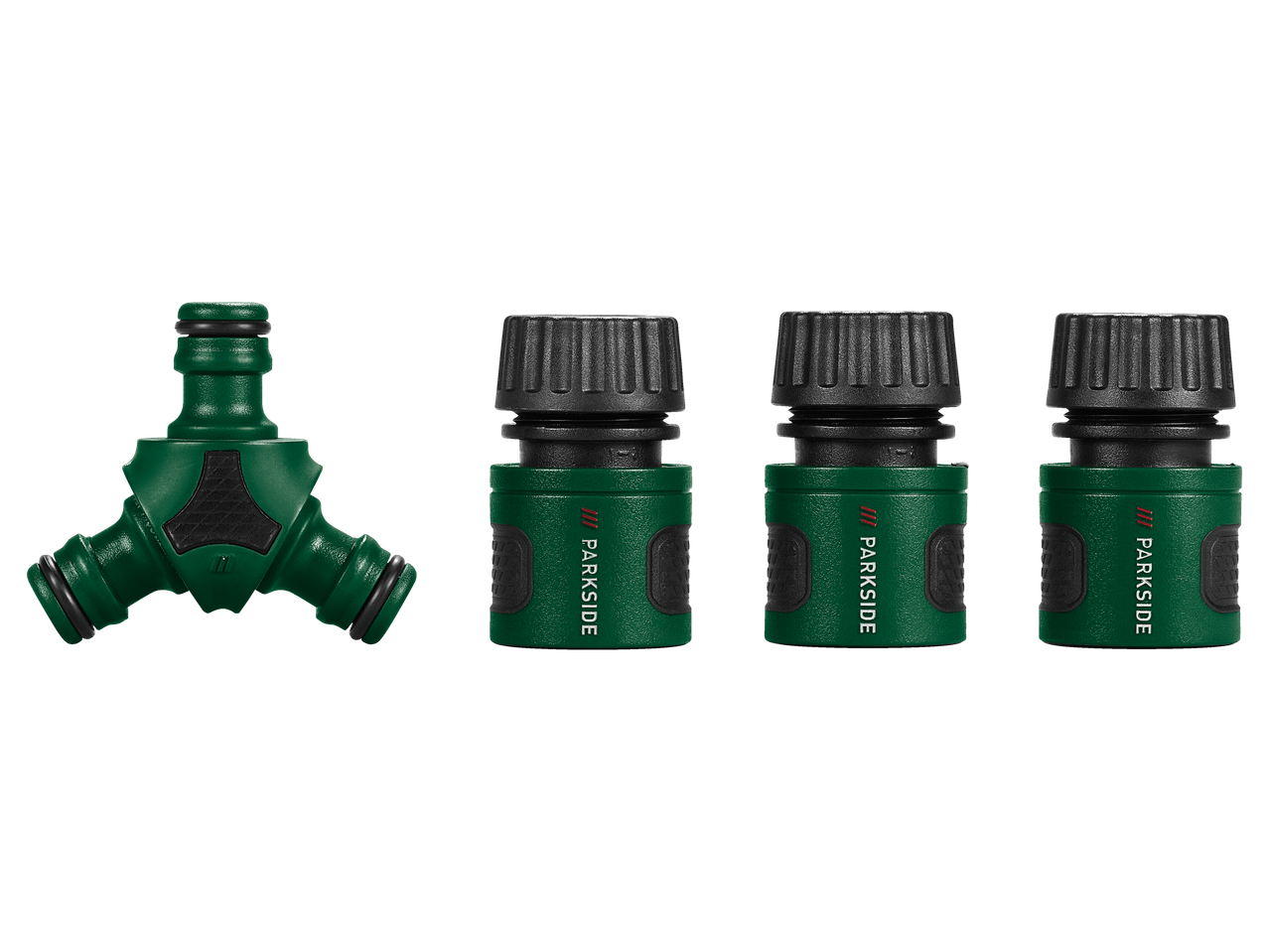 Parkside priključci za baštensko crevo: Y-priključak i tri ravna priključka.