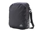 Dark grey waterproof dry bag with a shoulder strap and white triangular accents