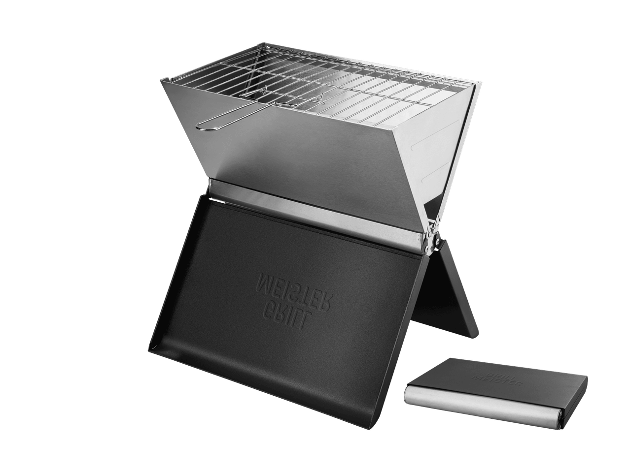 Barbecue portable en acier inoxydable avec grille et bac de récupération, pliable.
