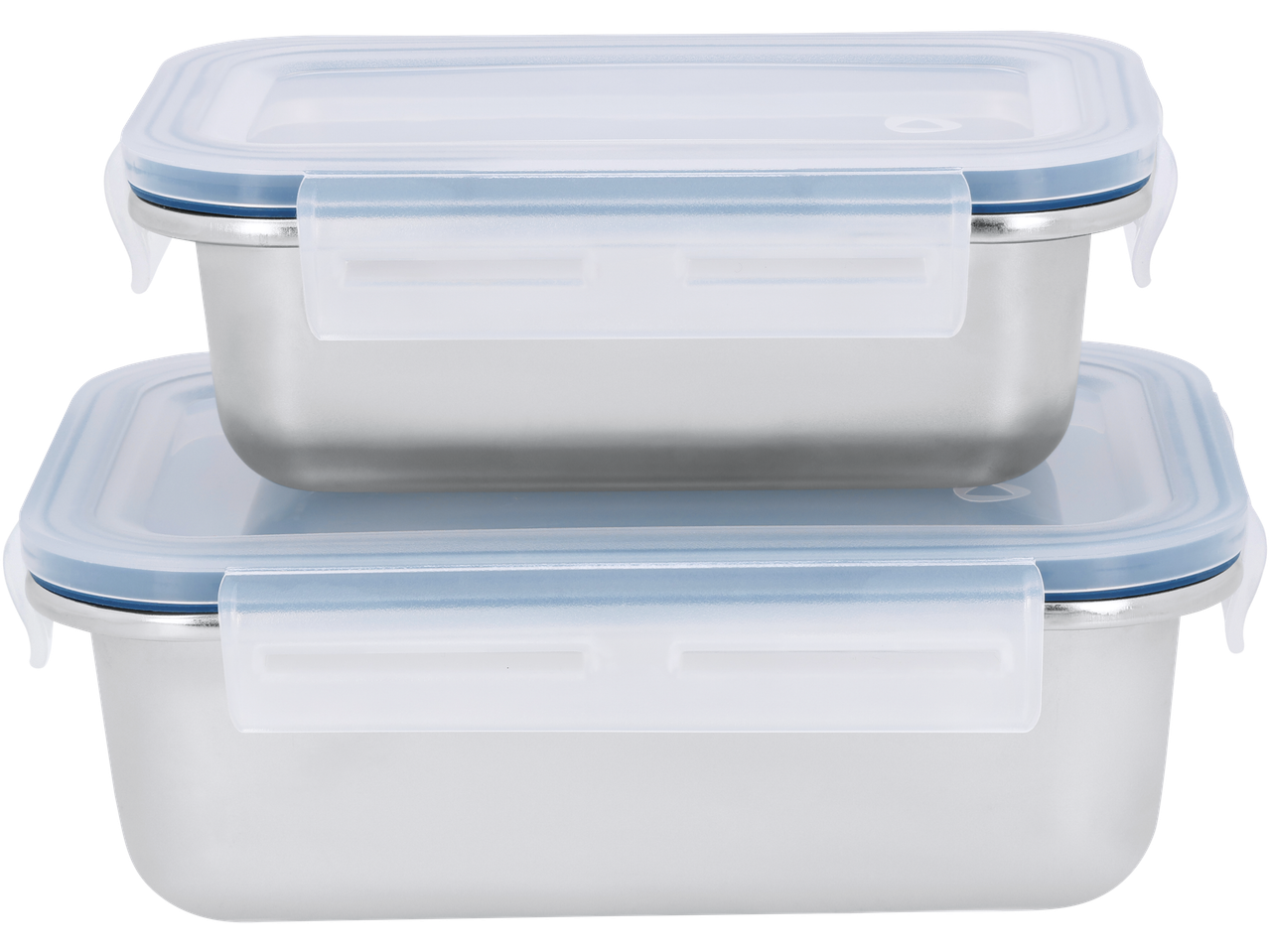 Δύο ορθογώνια γυάλινα δοχεία αποθήκευσης τροφίμων με διαφανή καπάκια και μπλε στεγανοποιήσεις.
