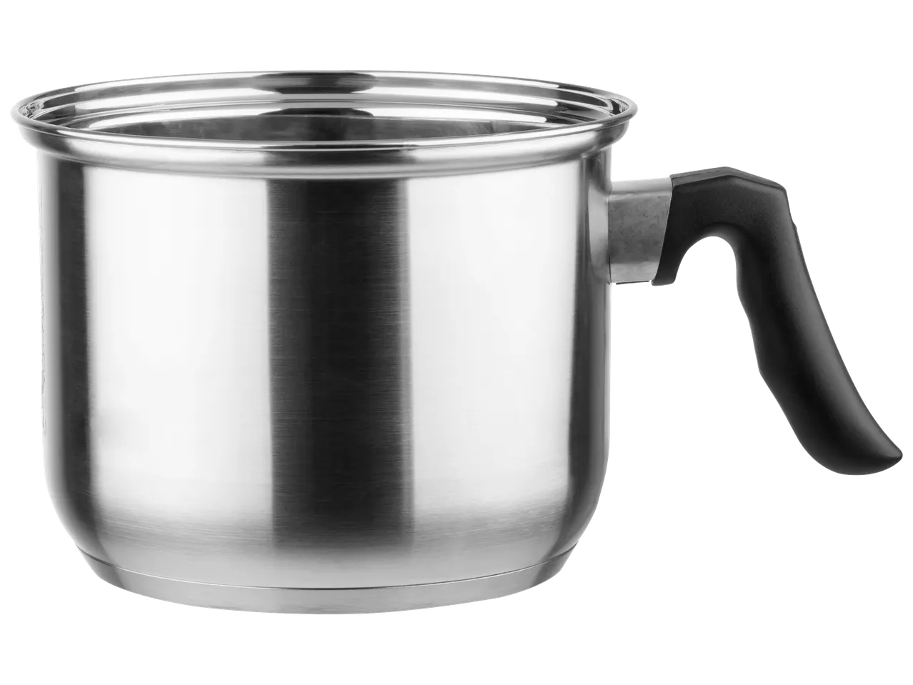 Casserole en acier inoxydable avec poignée noire.