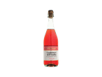 Garrafa de vinho rosé espumante com rótulo branco e vermelho.
