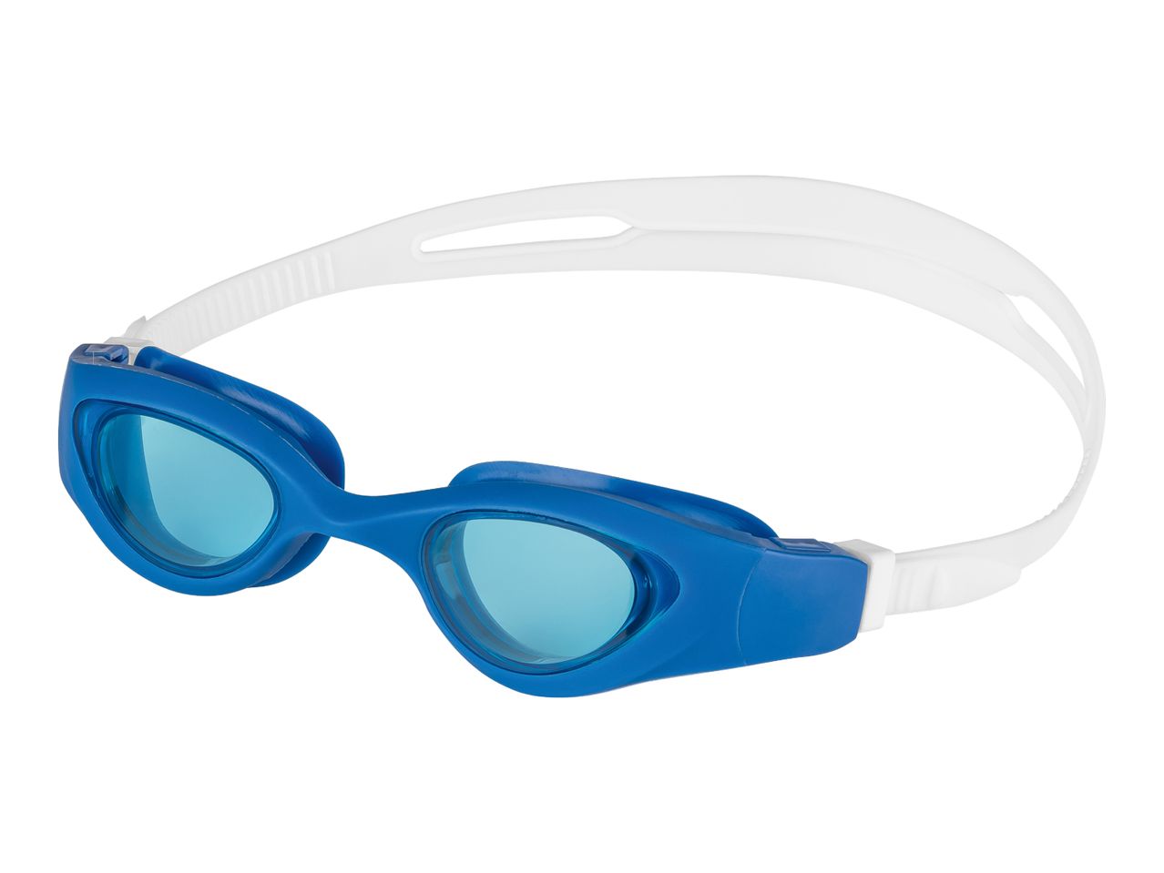 Blue swimming goggles with clear lenses and a white strap