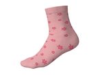 Pink sock with small dark pink floral patterns, isolated on a white background.