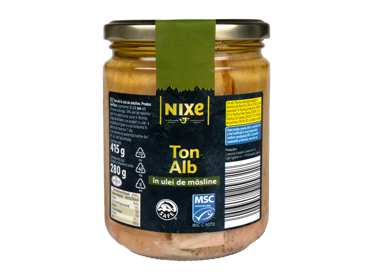 Borcan de ton alb Nixe în ulei de măsline, cu etichetă verde și neagră.