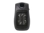 Black portable electric heater with digital controls and a mesh grille.