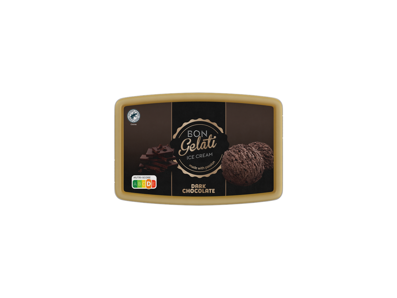 Bon Gelati étcsokoládé fagylalt tégelyben, Nutri-Score A és Rainforest Alliance logóval.