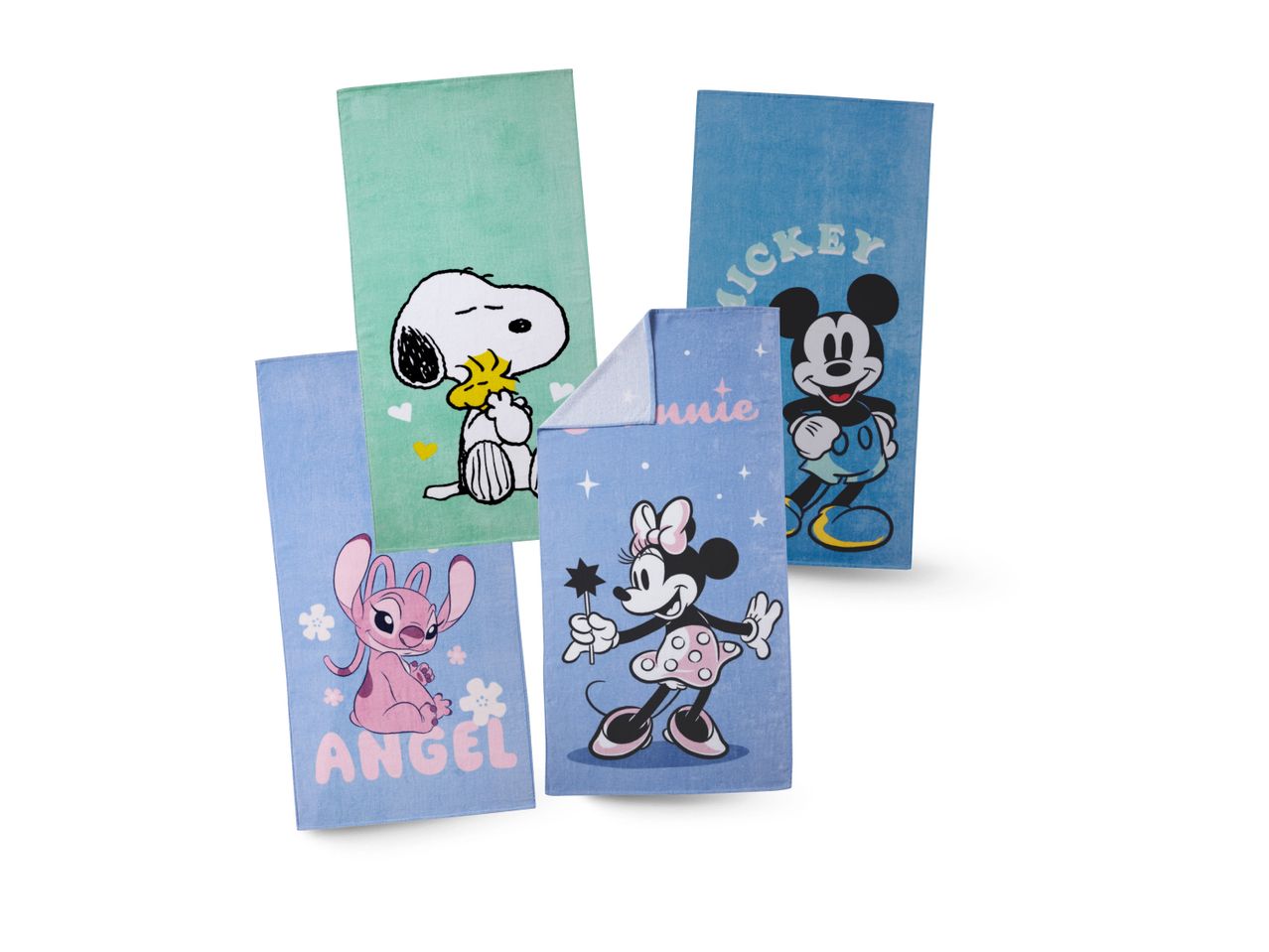Četiri mini ručnika s likovima Snoopyja, Mickeyja i Minnie Mousea.