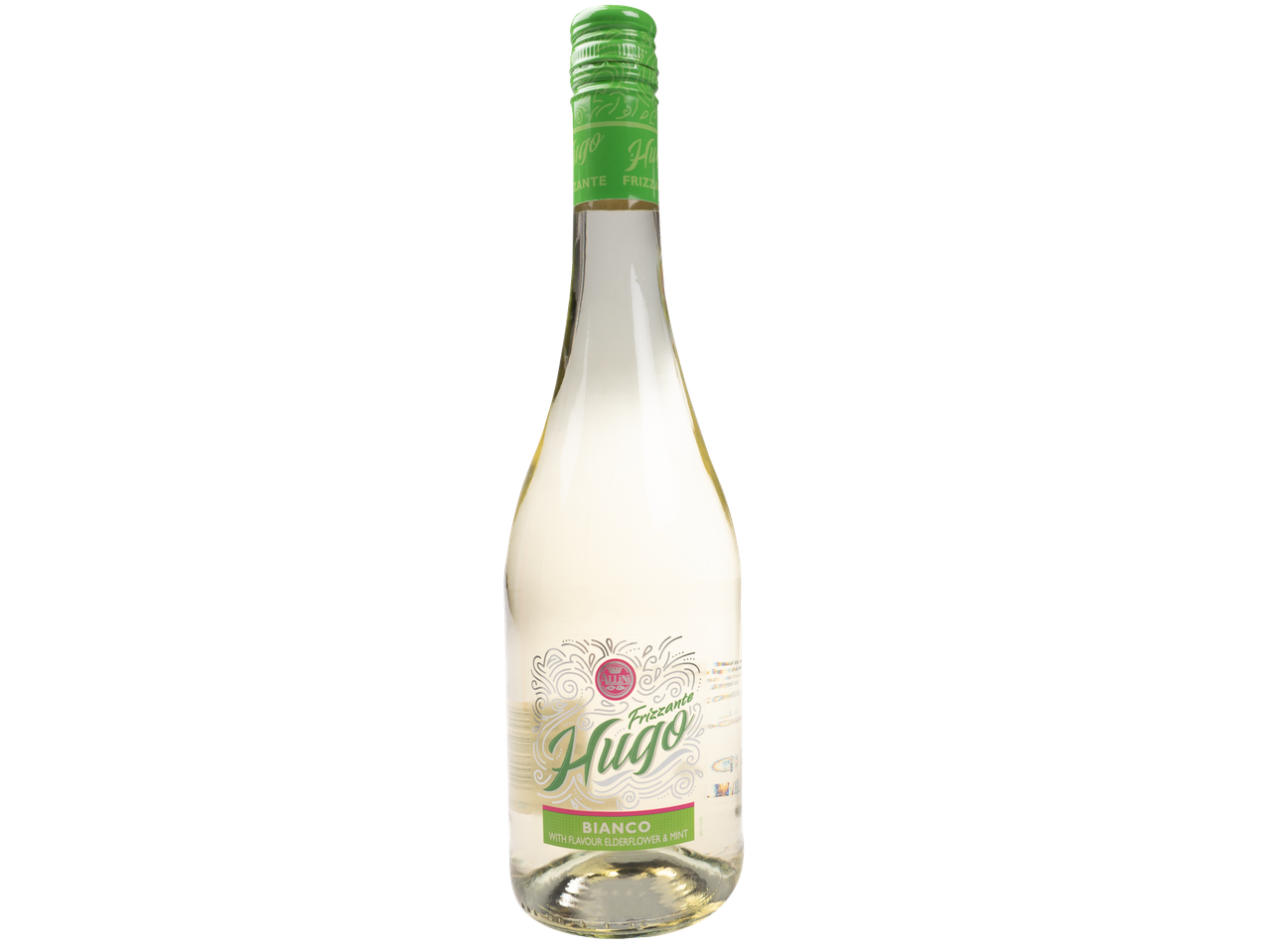 Sticla Hugo Frizzante Bianco cu aromă de soc și mentă.