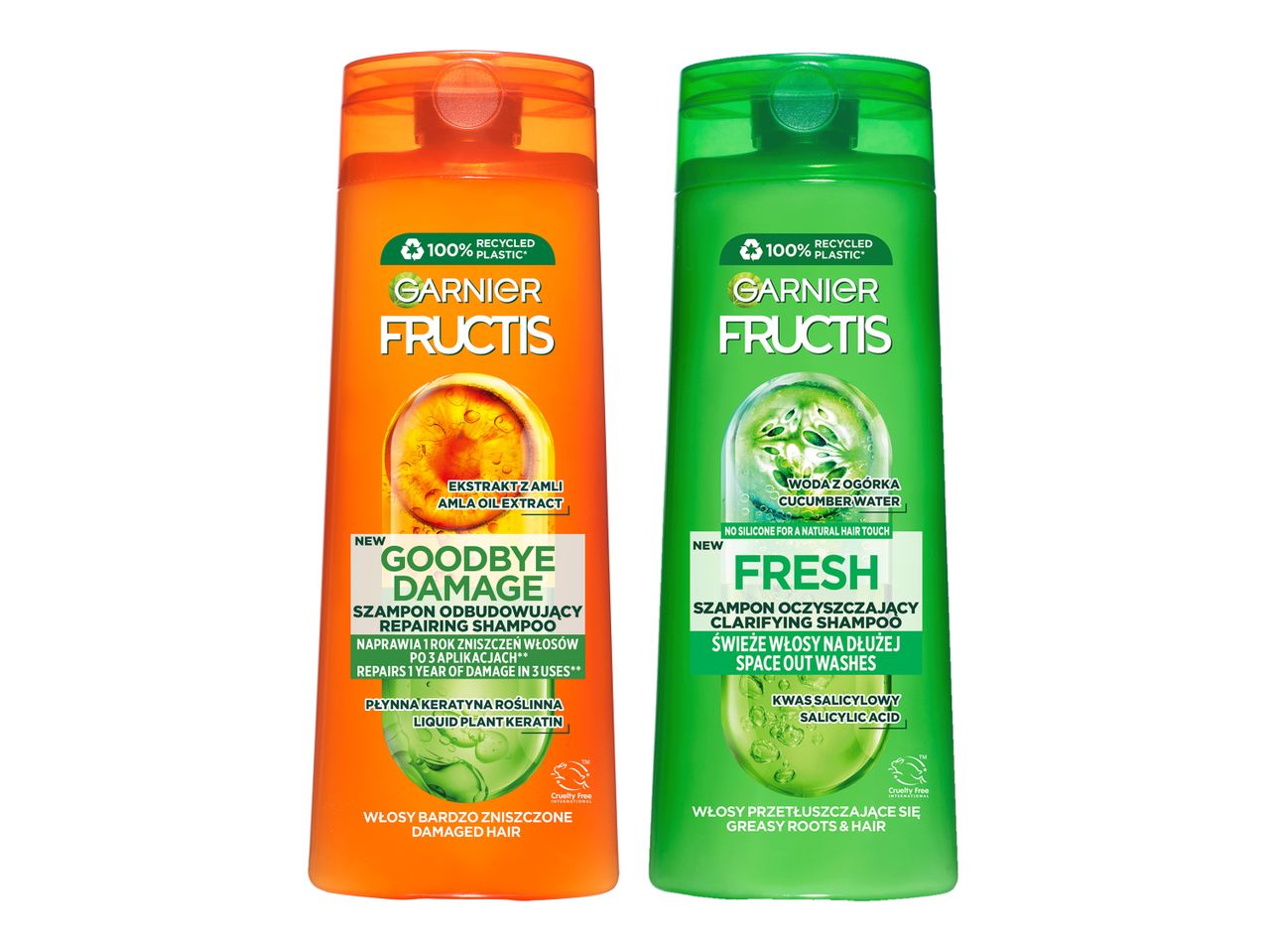Garnier Fructis šampūnai: gaivus apelsinas ir gaivus agurkas.