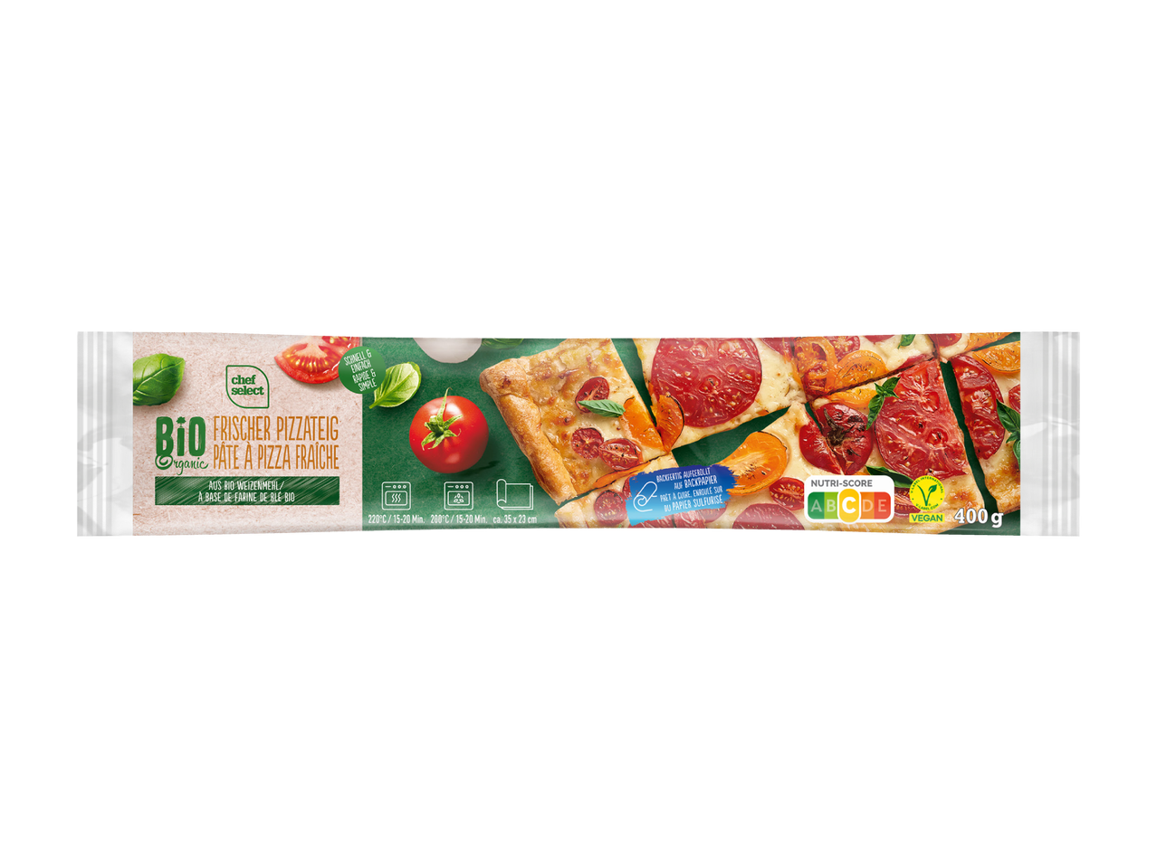 Pâte à pizza fraîche bio avec tomates, basilic et mozzarella, prête à cuire, 400g.