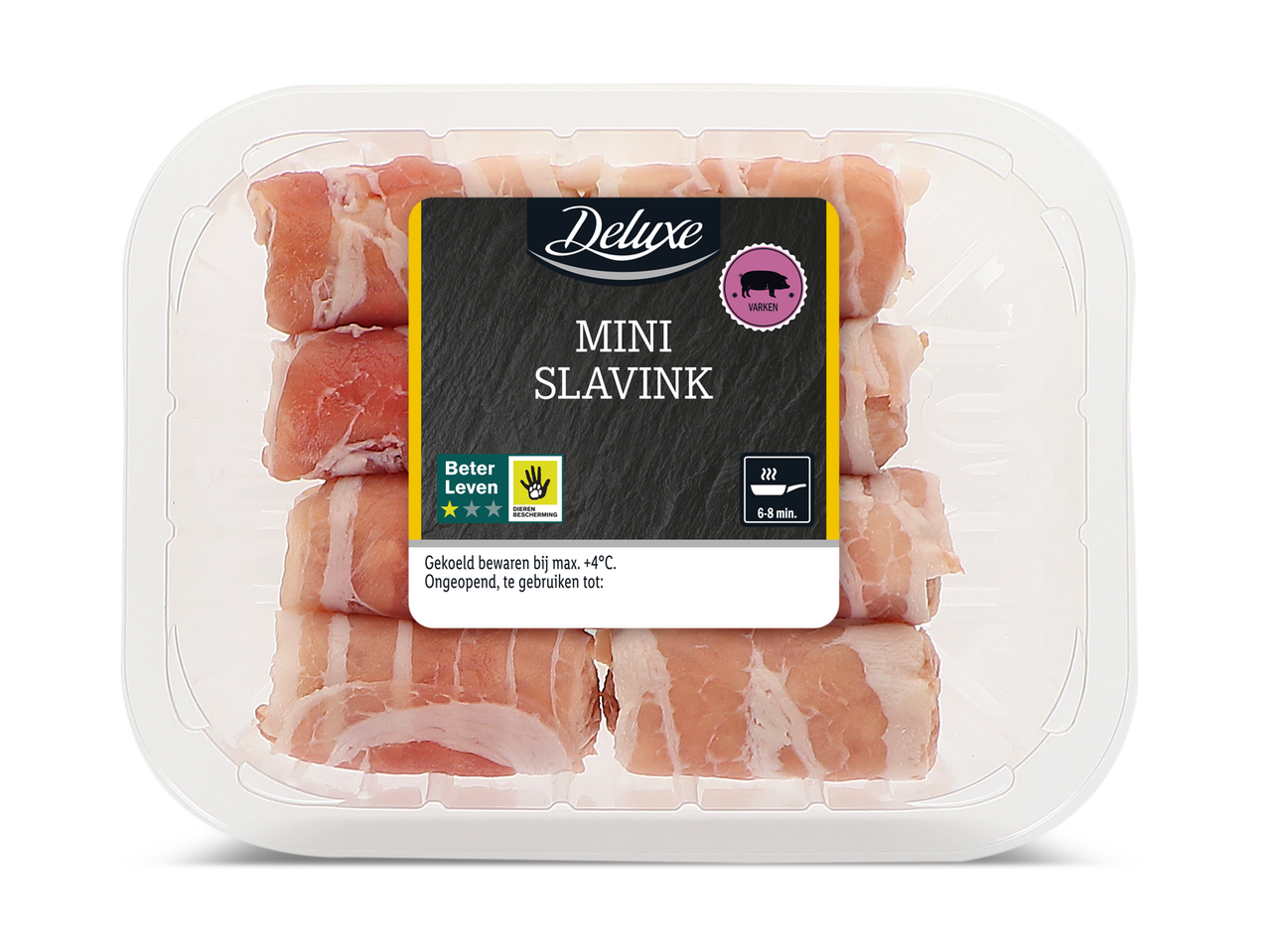 Verpakking met mini slavinken, met een label dat de bereidingstijd en bewaarinstructies aangeeft.